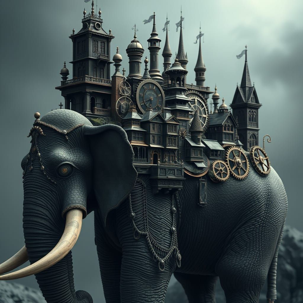 Steampunk City on Elephant Back in Tim Burton Style