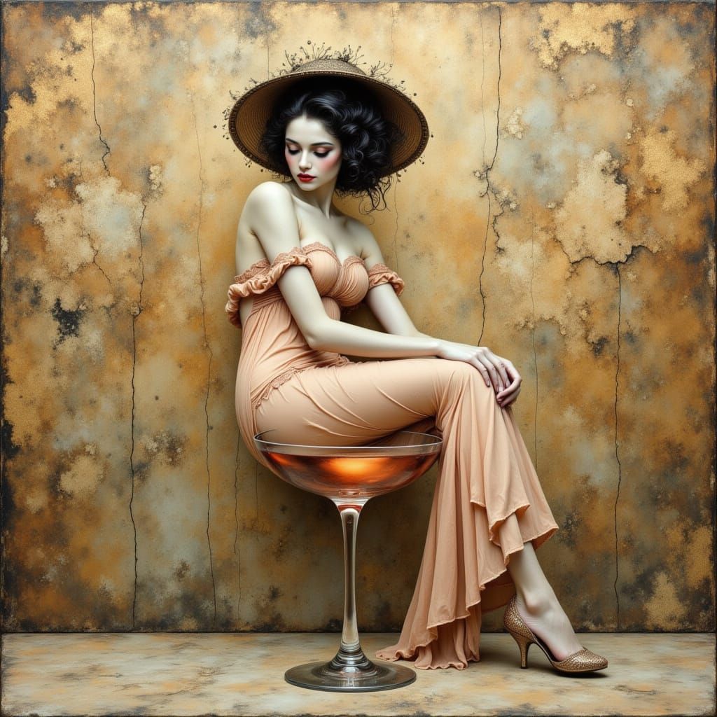 Woman in Wine Glass with Vintage Cityscape