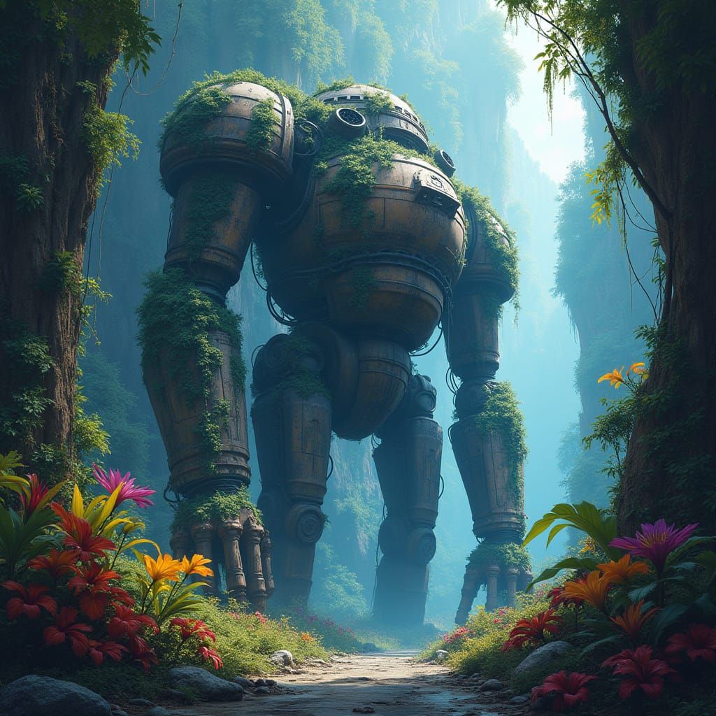 Colossal Automaton in Bioluminescent Jungle