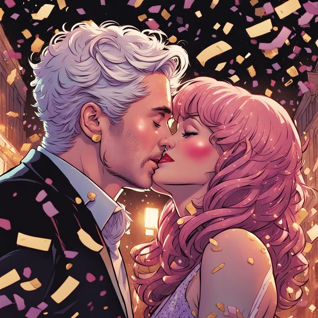 New Year's Kiss in Comic Book Style