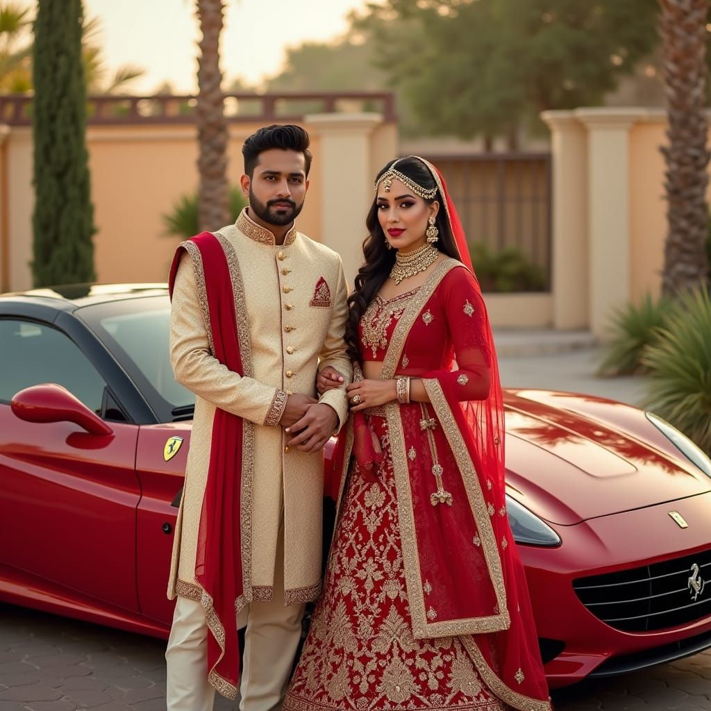 Elegant South Asian Newlyweds Pose with Red Ferrari