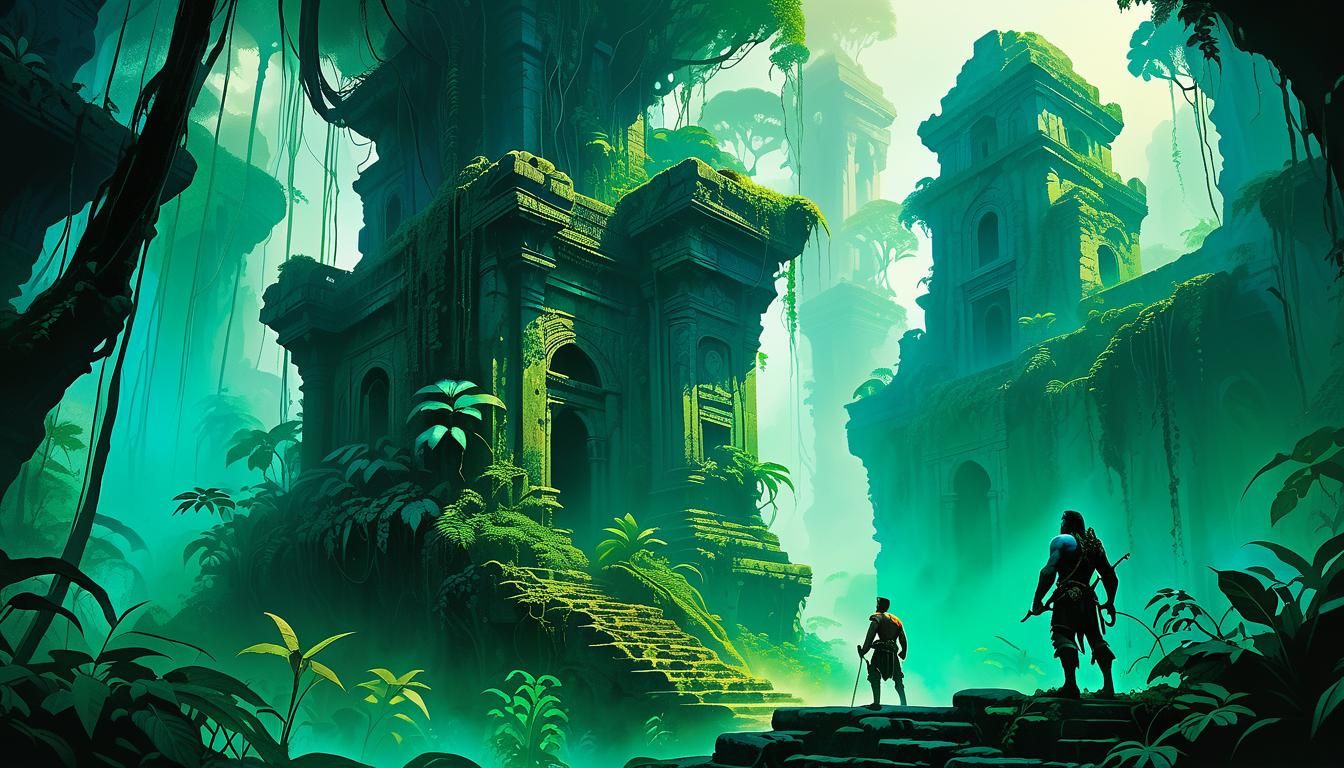 Lush Jungle Adventure: Fantasy Illustration in Verdant Color...