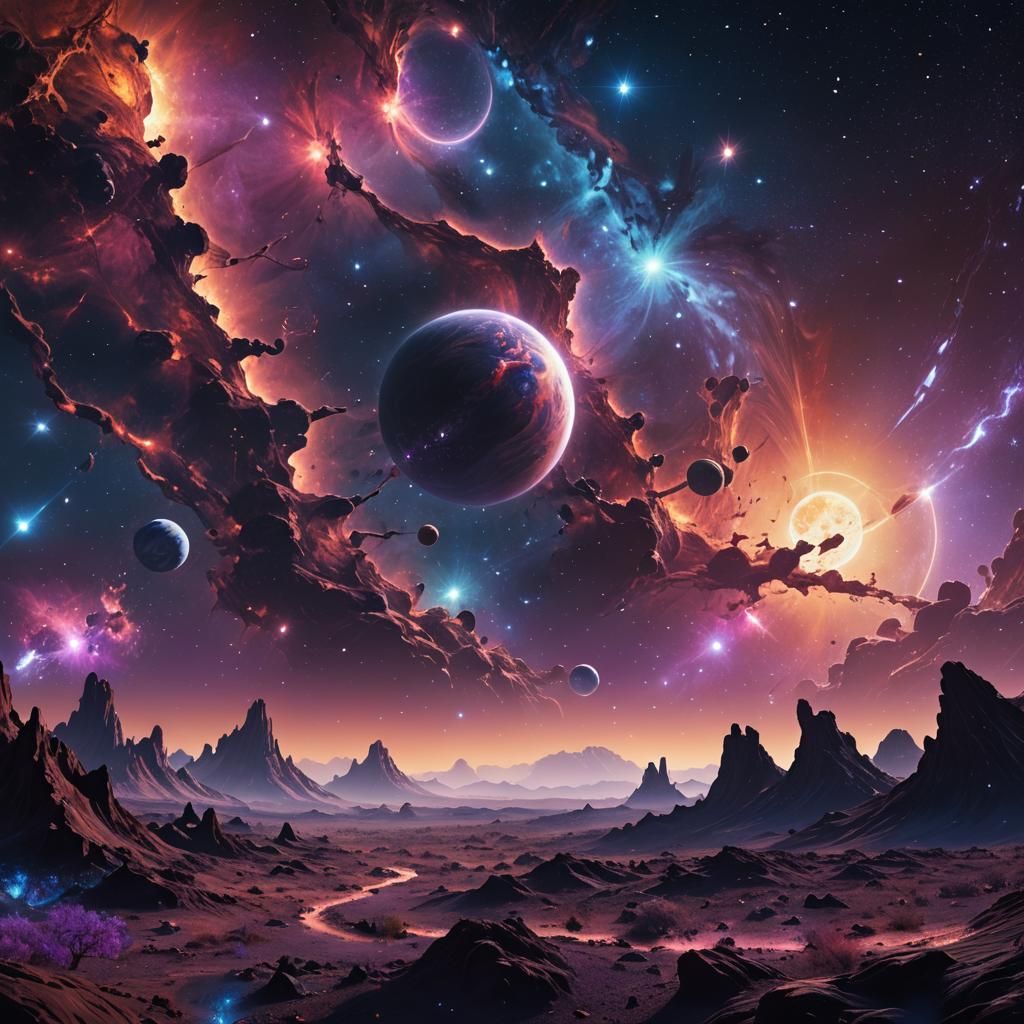 Surreal Cosmic Landscape with Glowing Nebulas