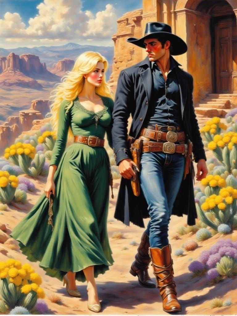 Retro Romance Novel Cover: Cowboy and Woman in Desert