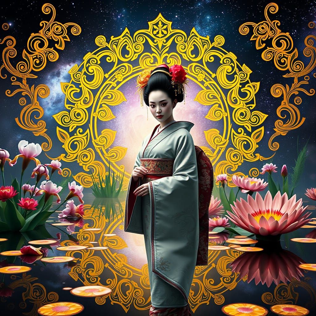 Golden Geisha Amidst Celestial Serenity