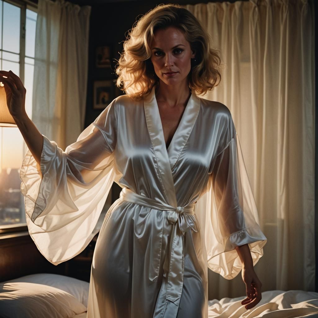 1970s Woman in Satin Robe Backlit by Sunset