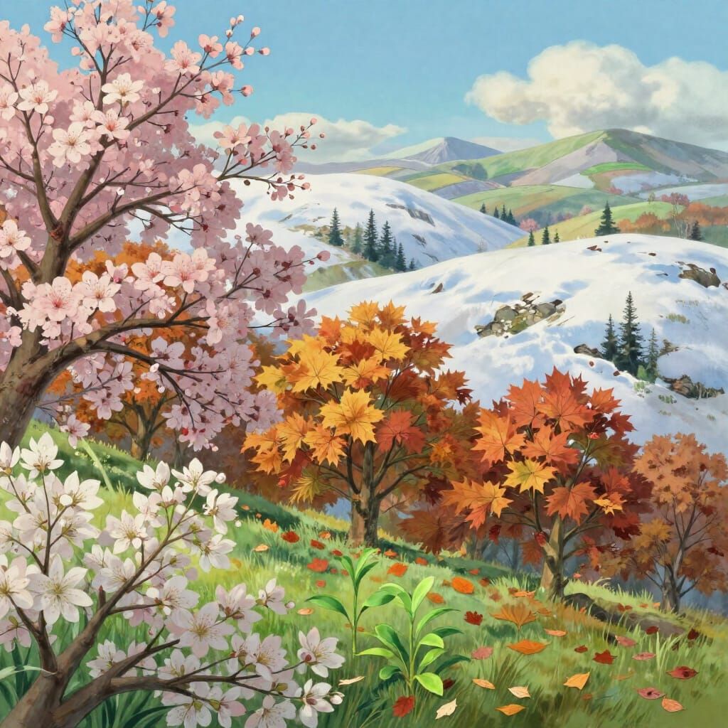 Surreal Landscape Blending Spring, Autumn, Winter, and Summe...