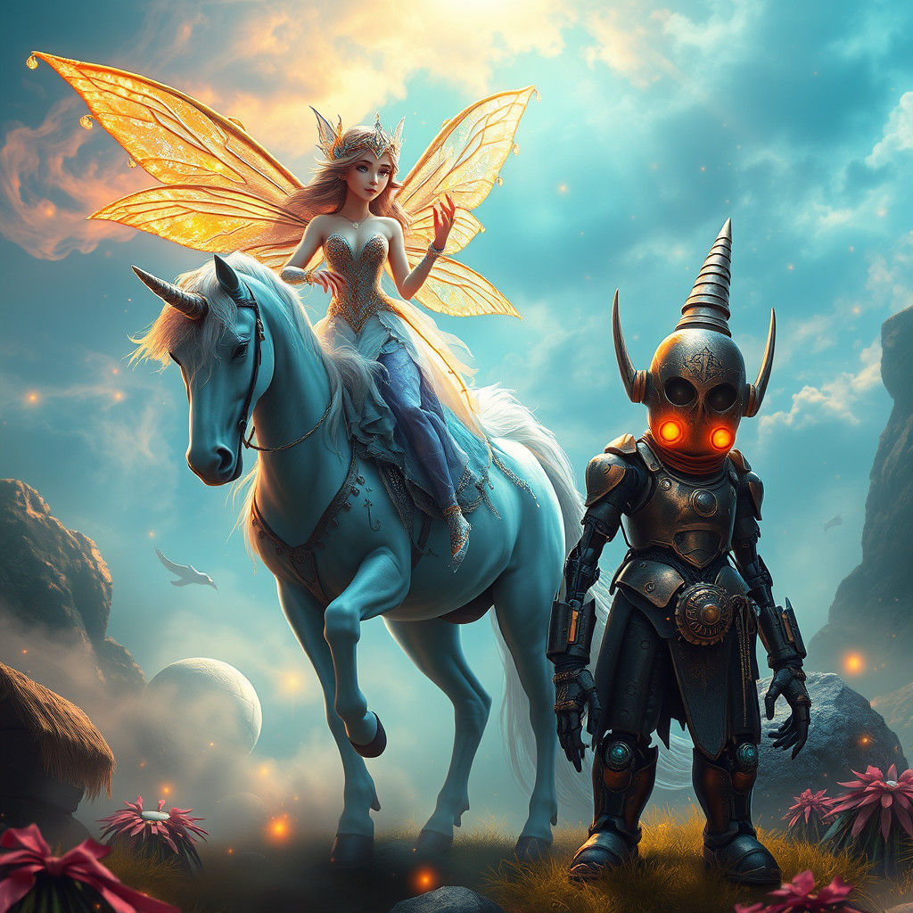 Fairy and Unicorn with Robot in Dream Landscape