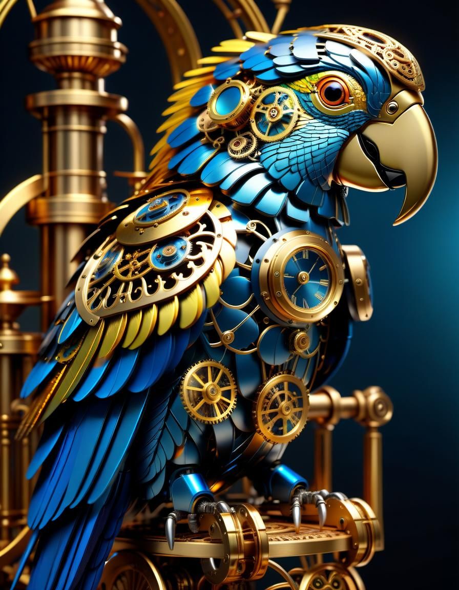 Steampunk Robotic Parrot on Gilded Perch