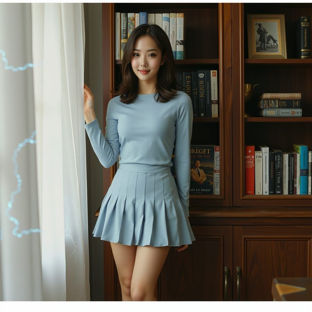 Electric Woman Beside Bookshelf in Juggernaut Flux Style