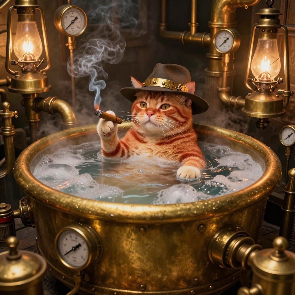Steampunk Cat in Hot Tub with Fedora and Cigar