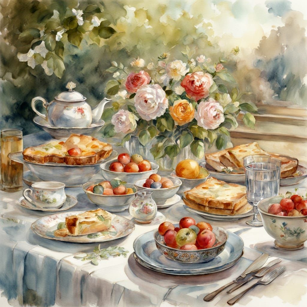 An outdoor lunch table in a sun-dappled garden. The table is...