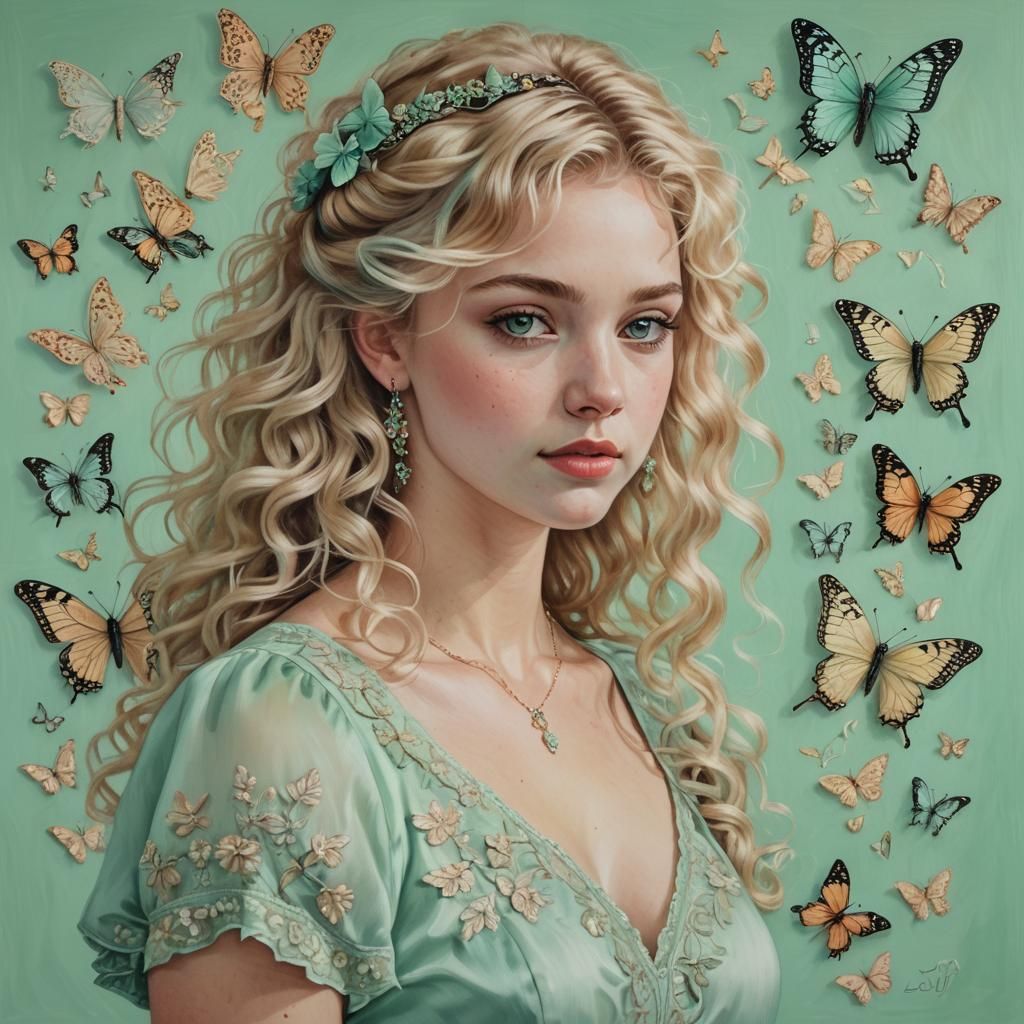 Pastel Painting of a Beautiful Woman in Green Dress