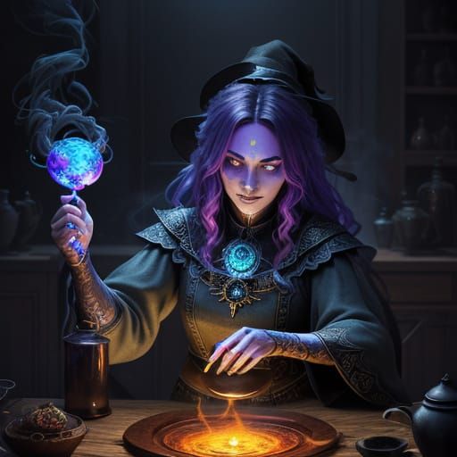 Witch Brewing Potion in Mystical Room