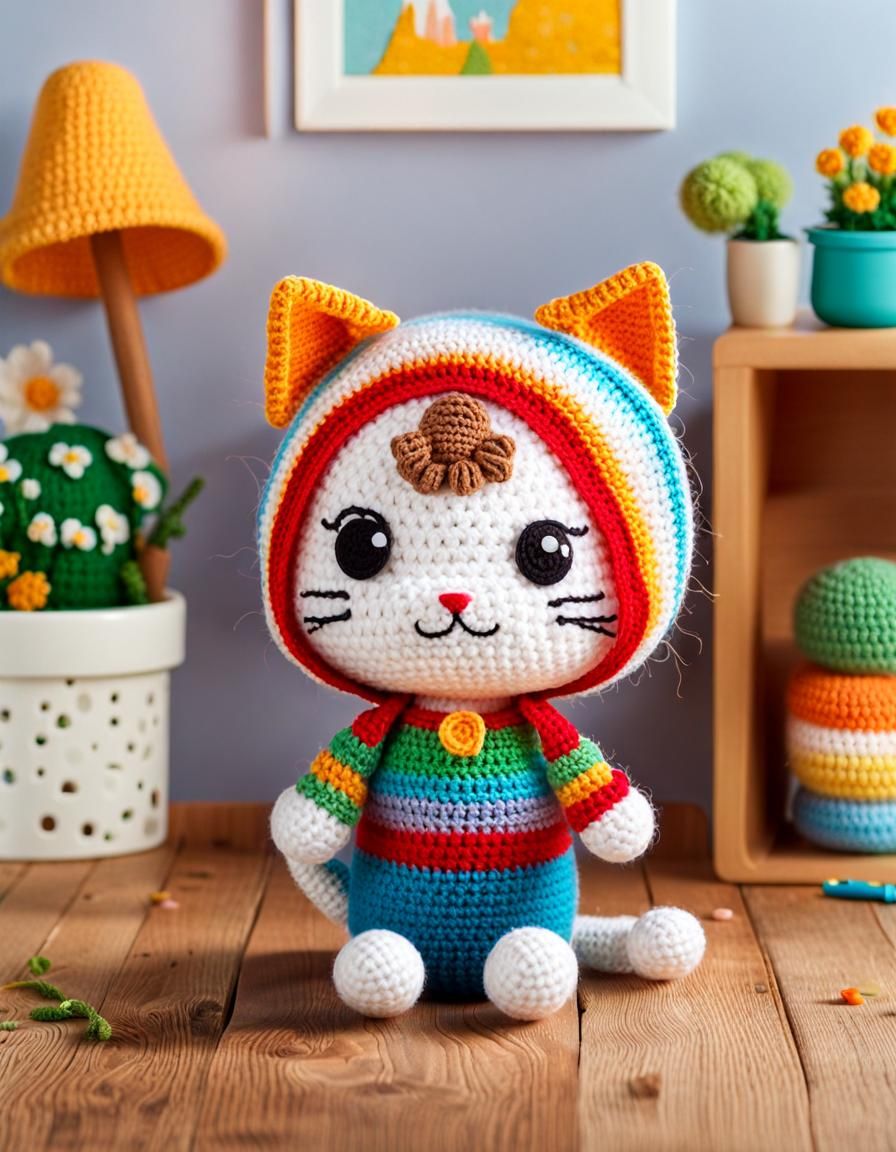 Cute Crochet Cat Doll in Crocheted House