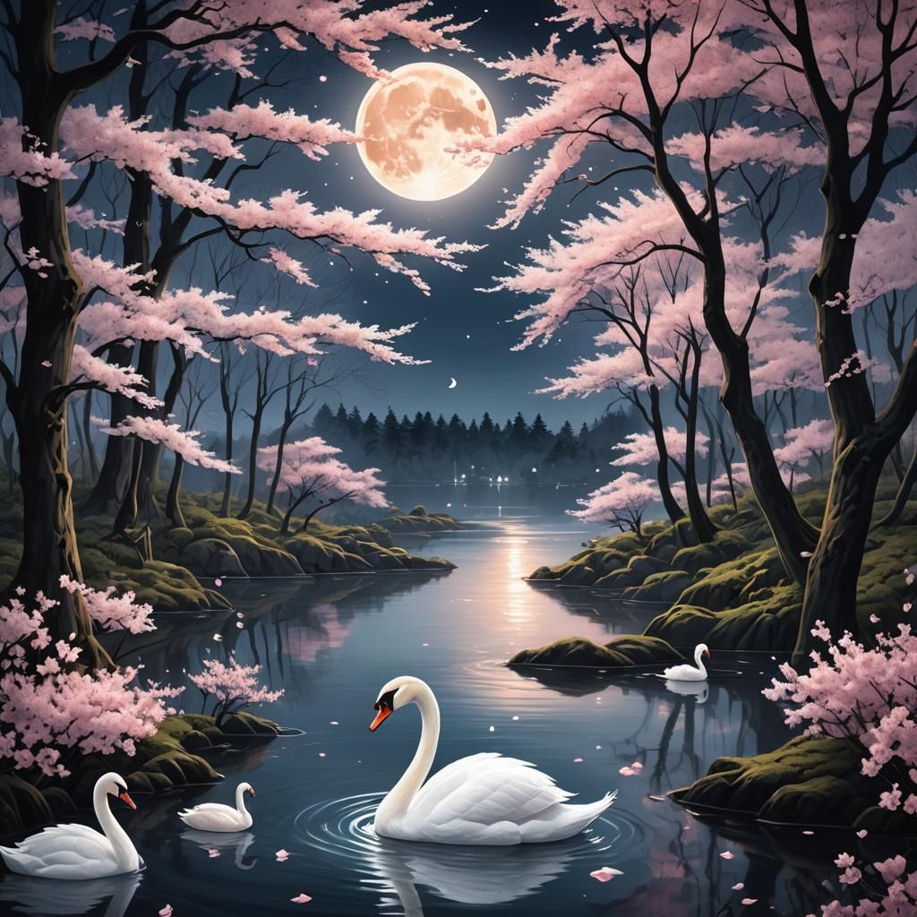 Swan in Moonlit Forest with Sakura Trees