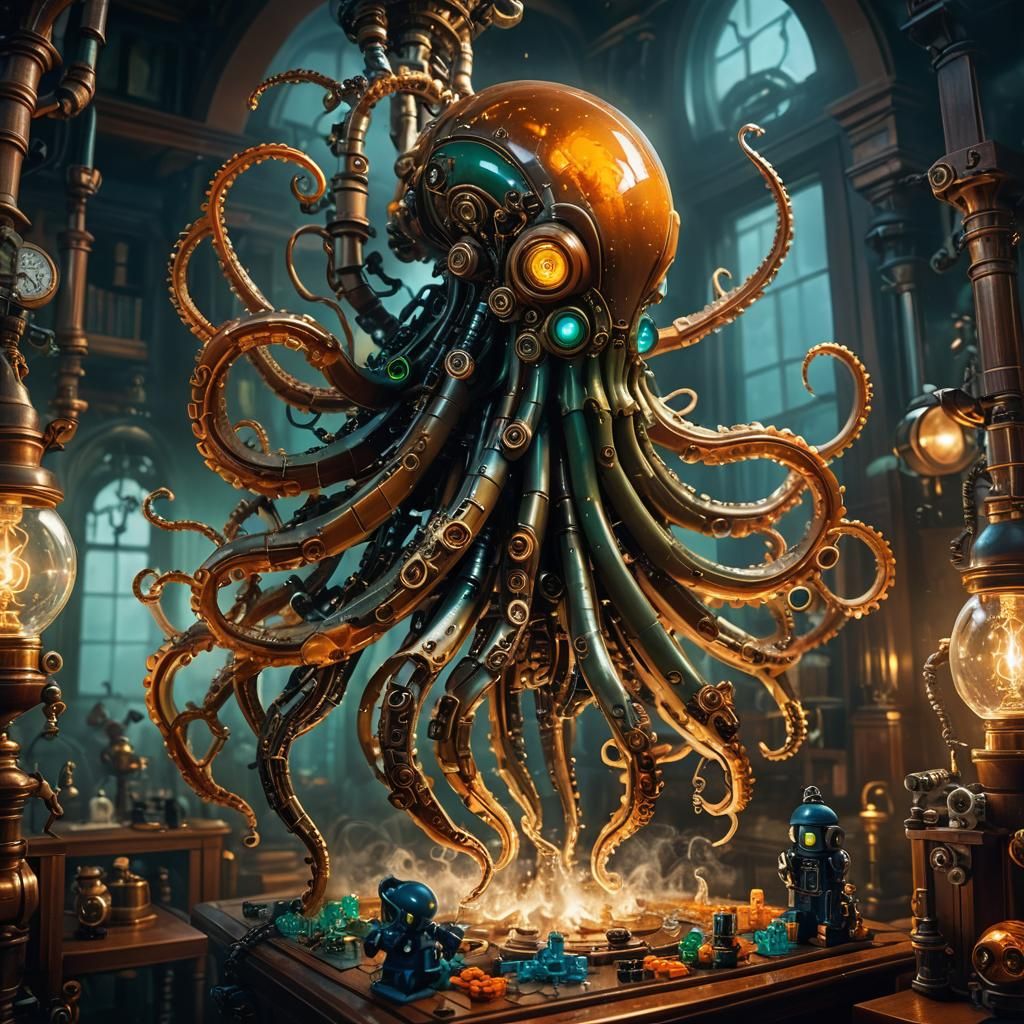 Steampunk Alien Squid Playing with Lego Bricks