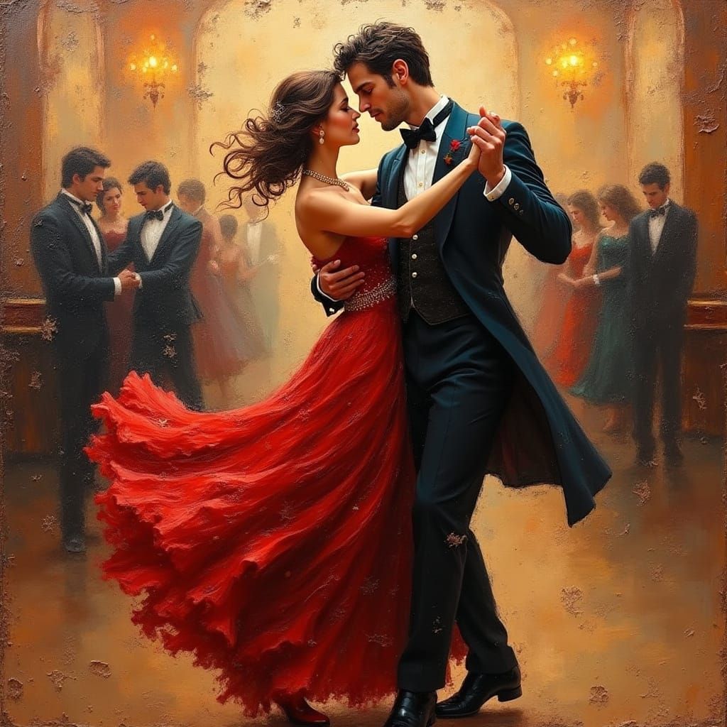 Dramatic Tango Ballroom Scene in Impasto Oil Painting