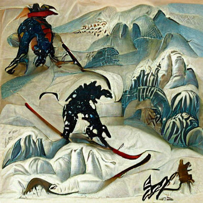 Warrior Battling Shadow Beast on Snowy Mountain