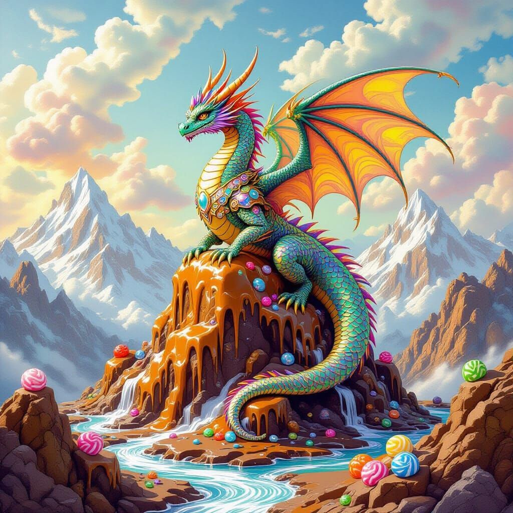 Dragon on Candy Mountain in Psychedelic Whimsical Style