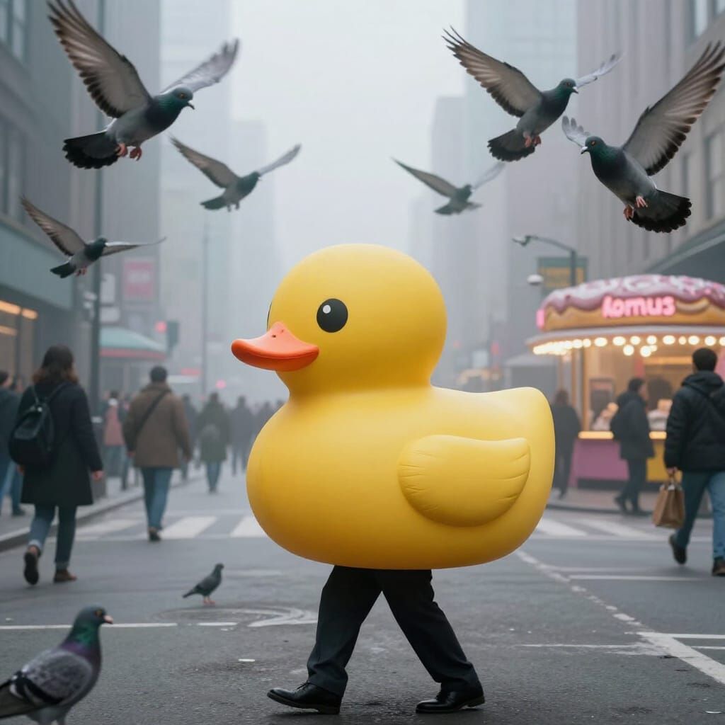 Man With Giant Rubber Duck in Surreal Cityscape