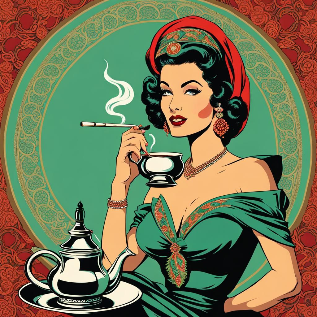 Vintage Moroccan Pinup Smoking Hookah Illustration