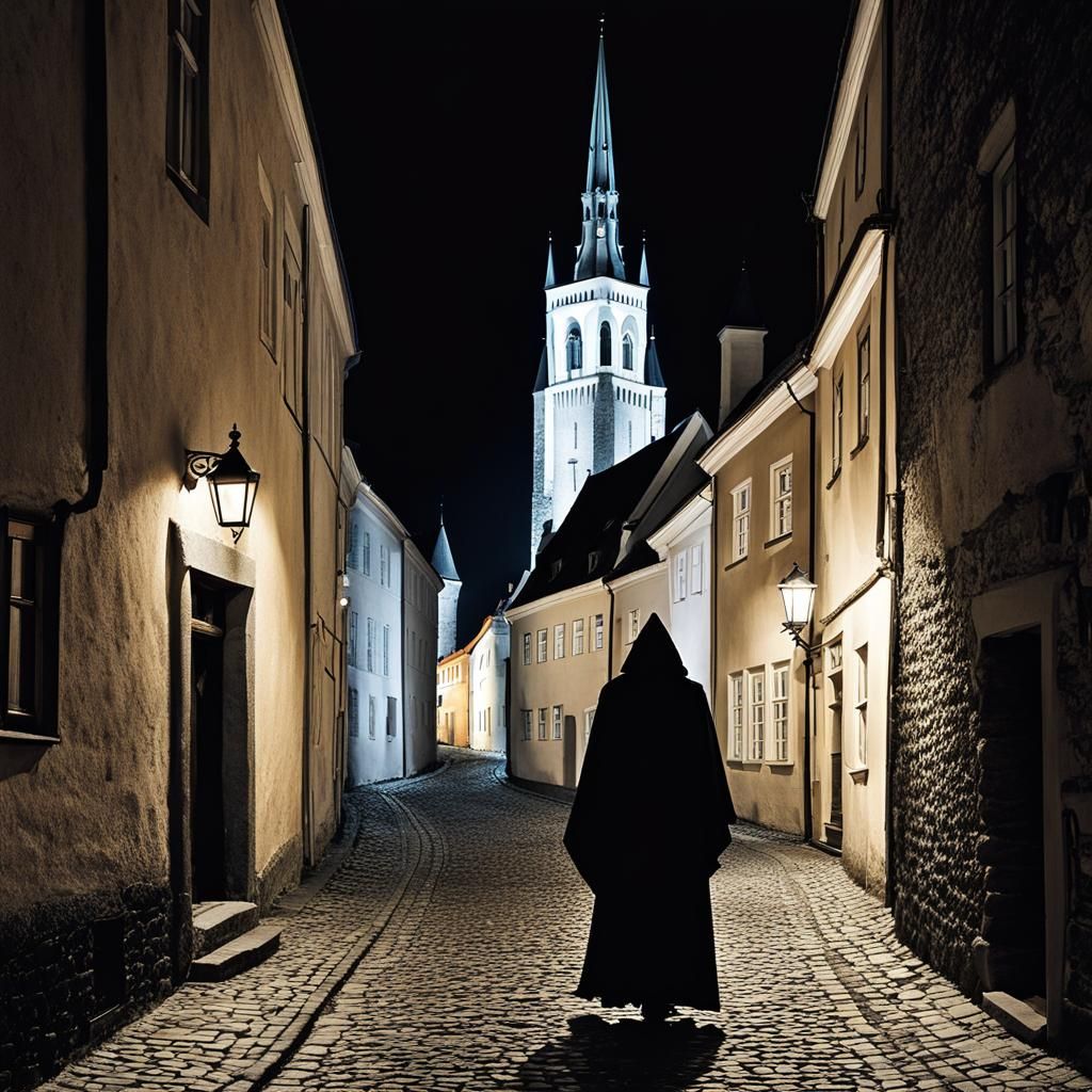 Meanwhile, in Tallinn, the Grim Reaper is strolling through the empty streets of the old town at night, by Per.