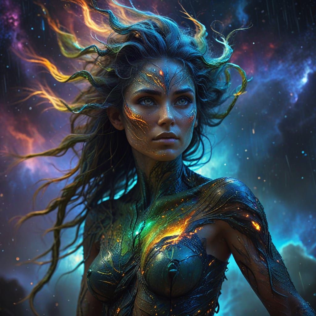 Dryad Defies Cosmic Storm in Epic Fantasy Art