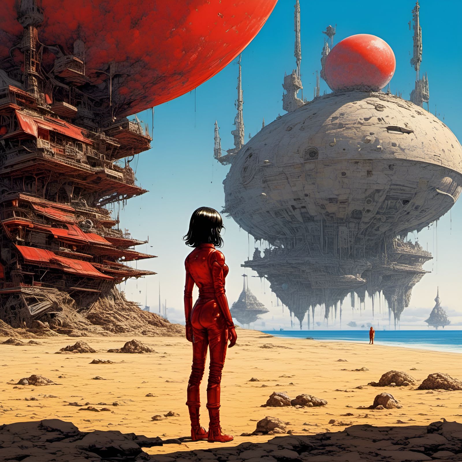Surreal Crimson Spacecraft in Fantasy Landscape