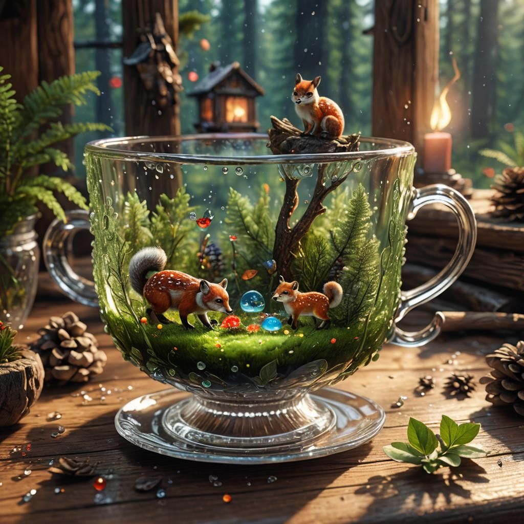 Forest Animals in Teacup: Hyper-Realistic Digital Art