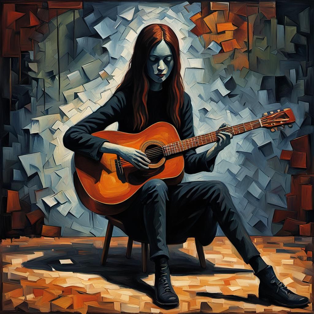 Shadow Figure Plays Guitar in Gothic Impressionist Style