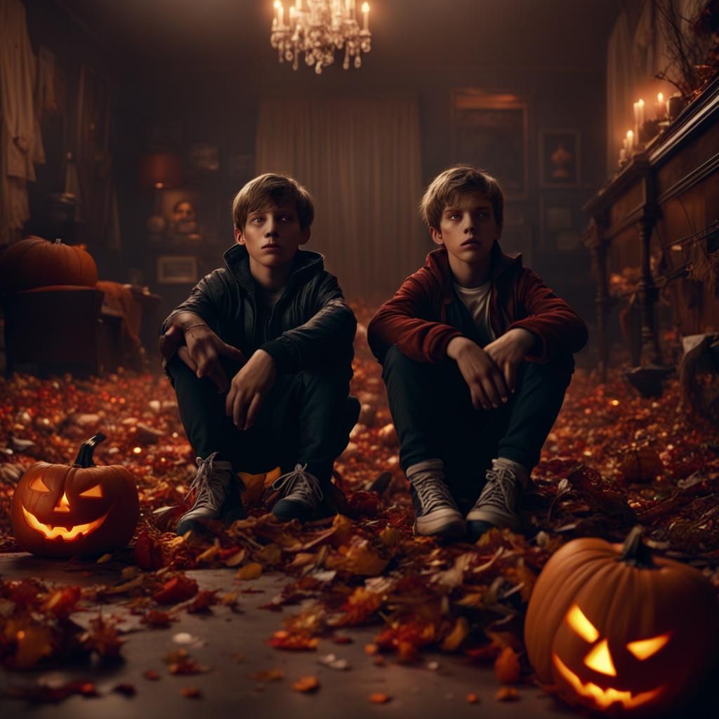 Halloween Party Scene with Two Teenagers