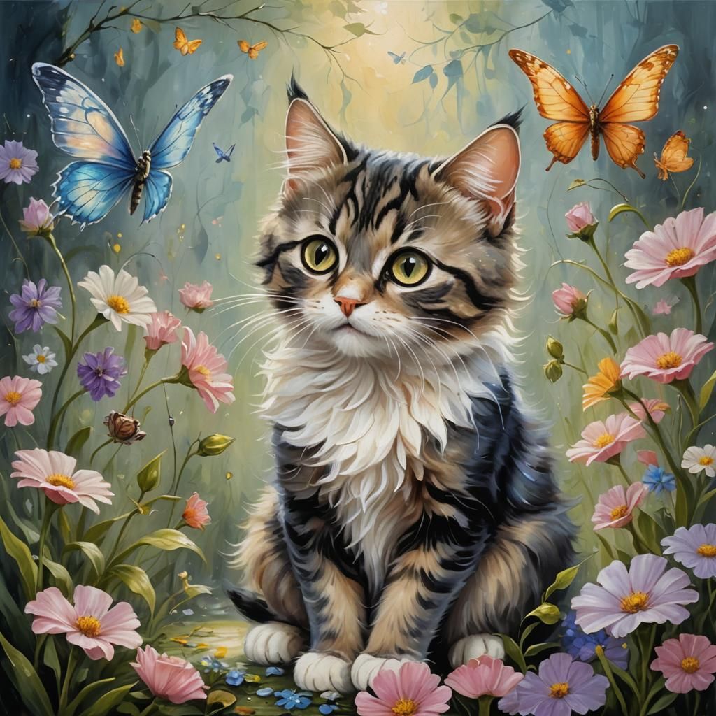 Cat Painting a Fairy in Oil Painting Style