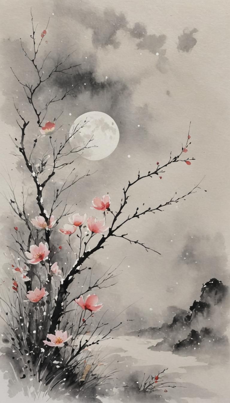 Abstract Floral Scene in Chinese Ink and Watercolor Style