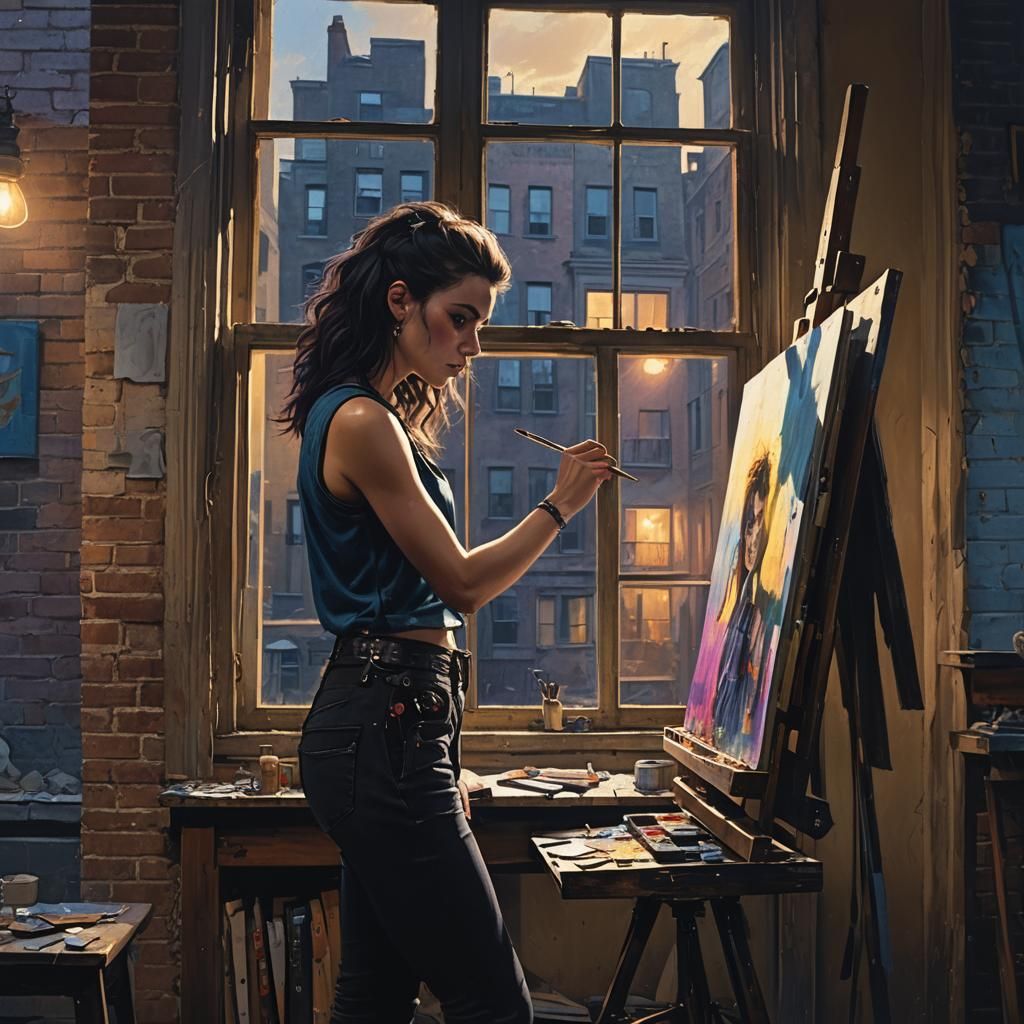 Punk Artist Painting in Run-Down Apartment, Fantasy Art