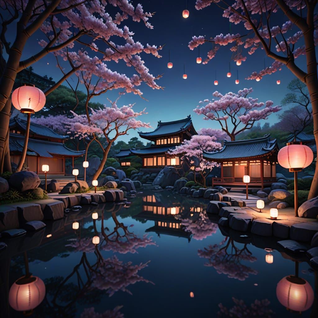 Twilight Serenity: Japanese Garden with Lanterns