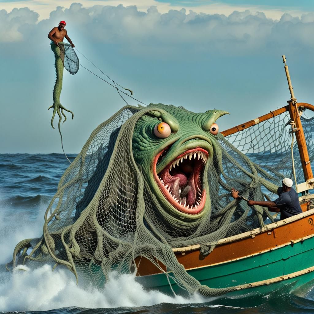 Fishermen Catch Sea Monster: A Bosch-Inspired Scene
