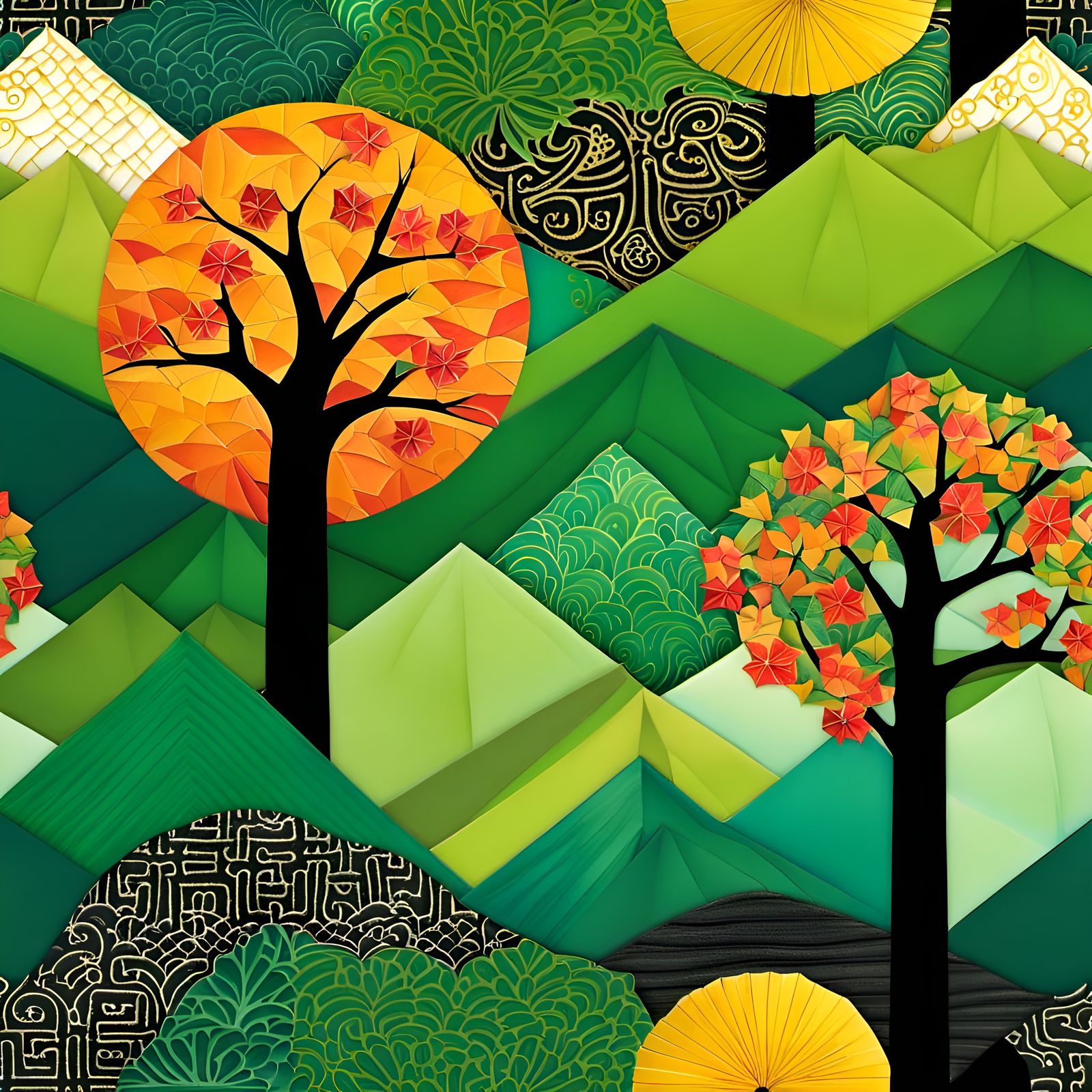 Ornate Origami Tree in Japanese Art Brut Style