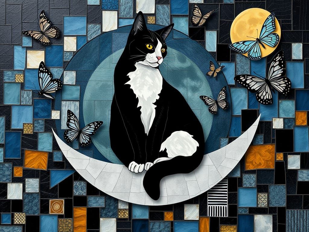 Cubist Moonlit Feline Scene in Limited Palette