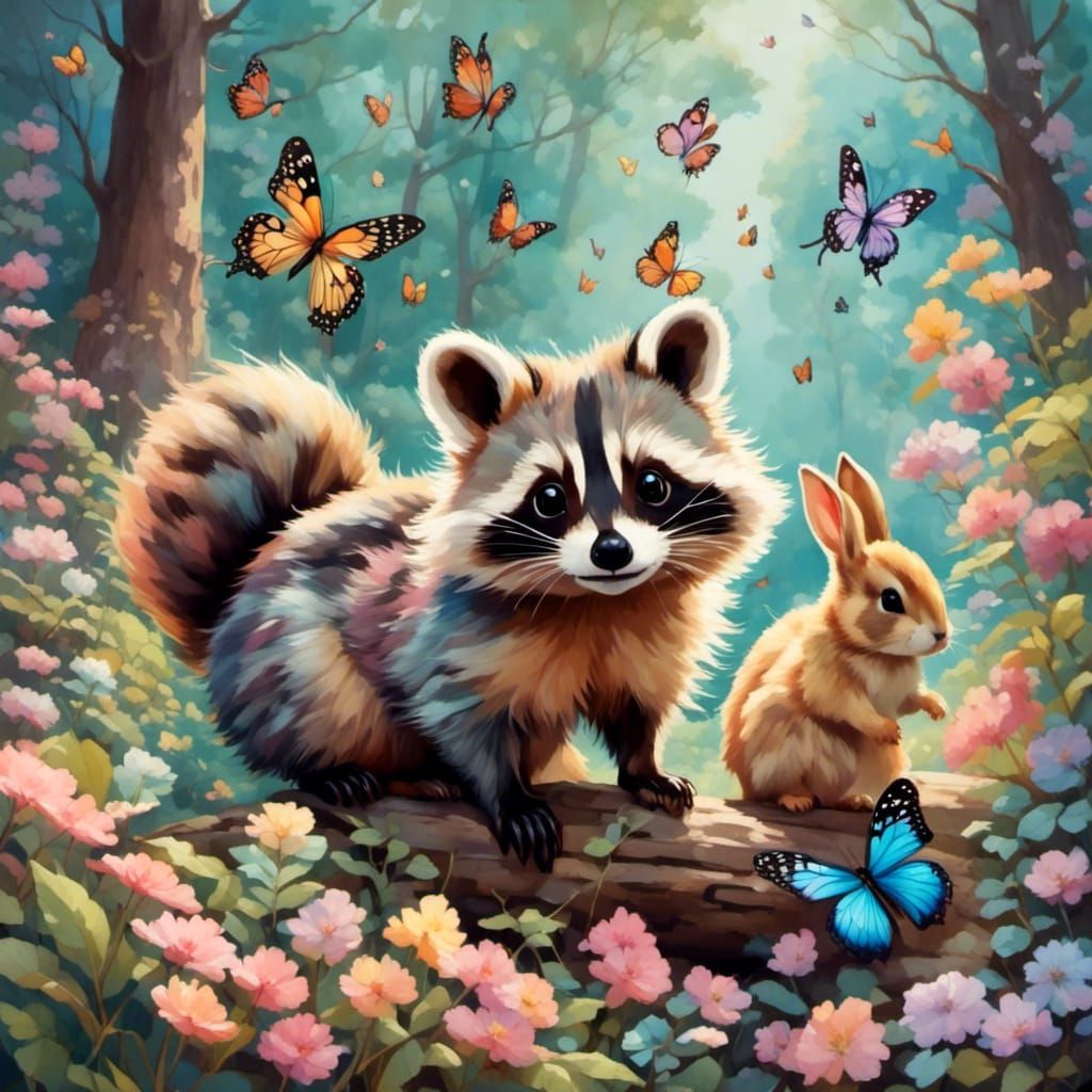 Pastel Raccoon and Rabbit Gouache Painting
