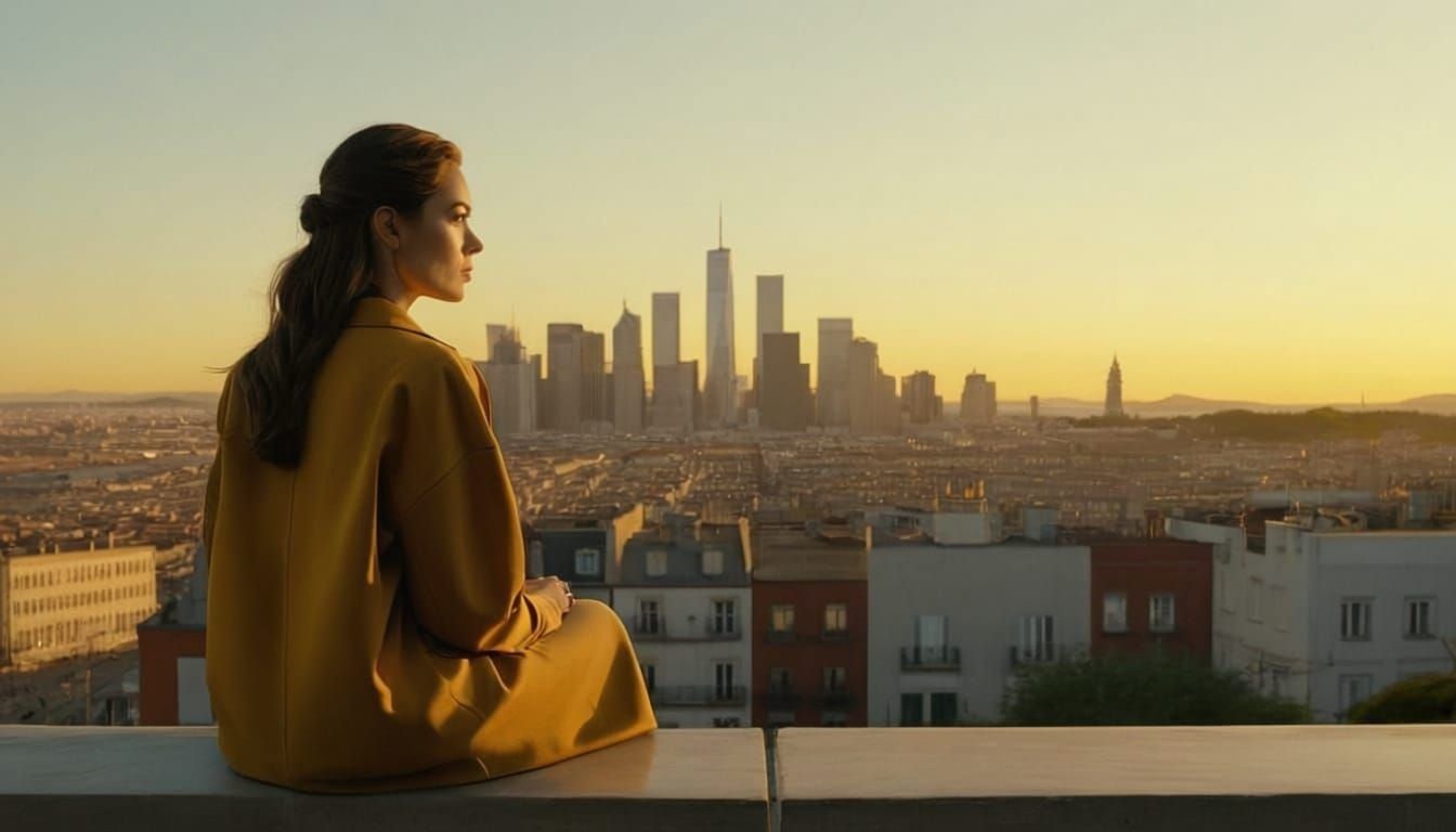 Woman Contemplates City Life From Rooftop at Dusk