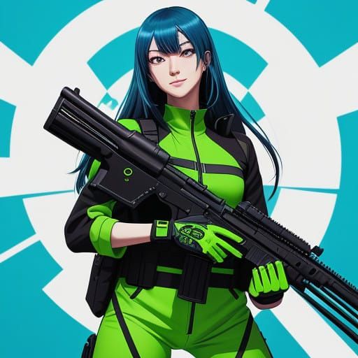 Vibrant Anime Style Young Woman Holds G39 Rifle in Frog Ones...