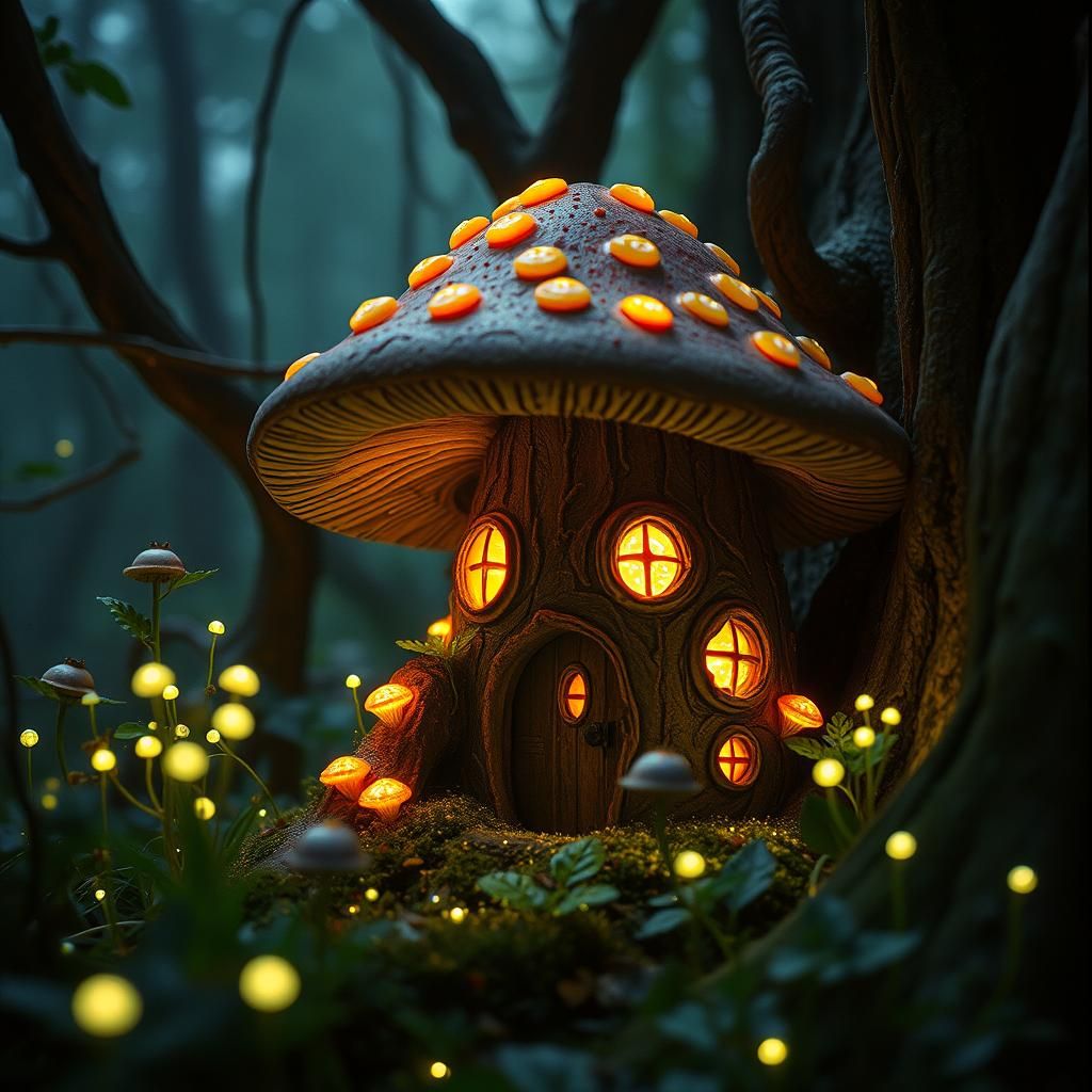 Enchanted Fairy Mushroom House in Bioluminescent Forest