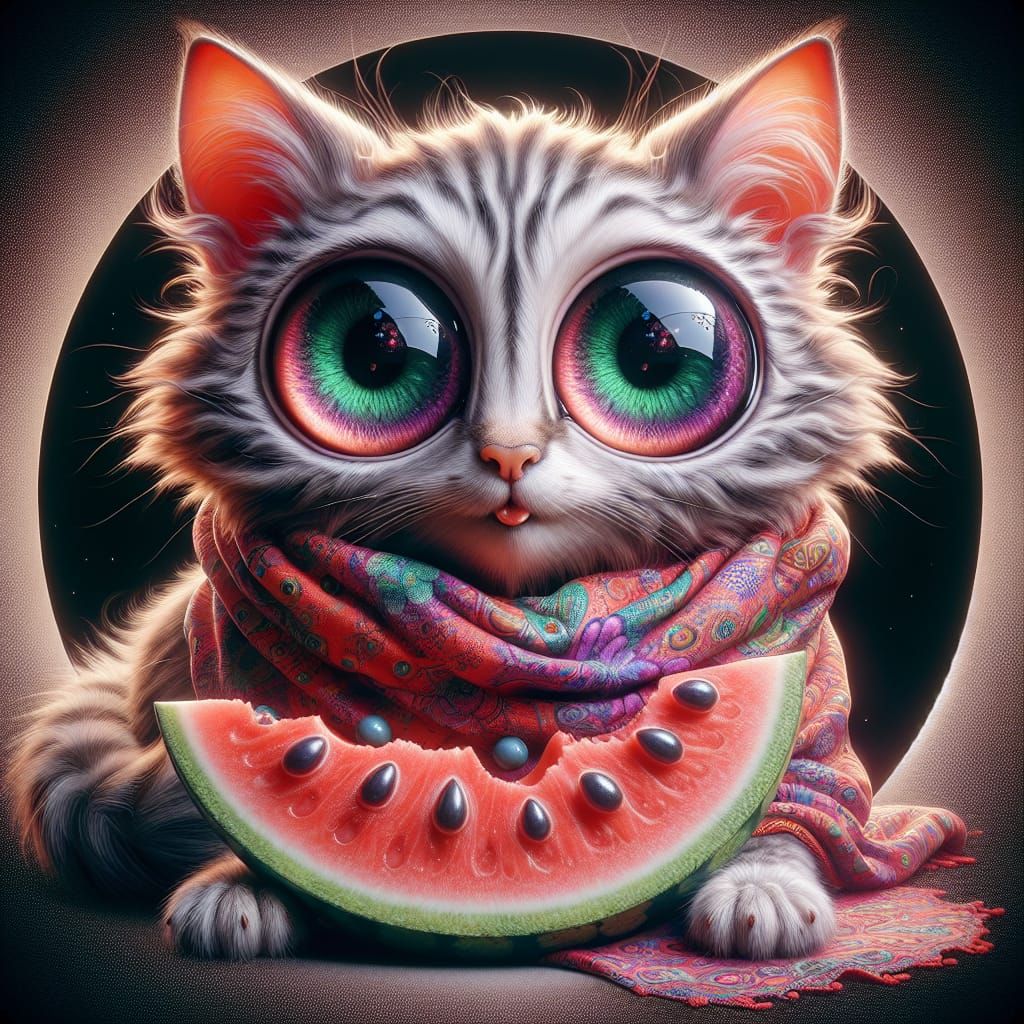 Anthropomorphic Kitten Enjoys Watermelon: Maximalist Digital...