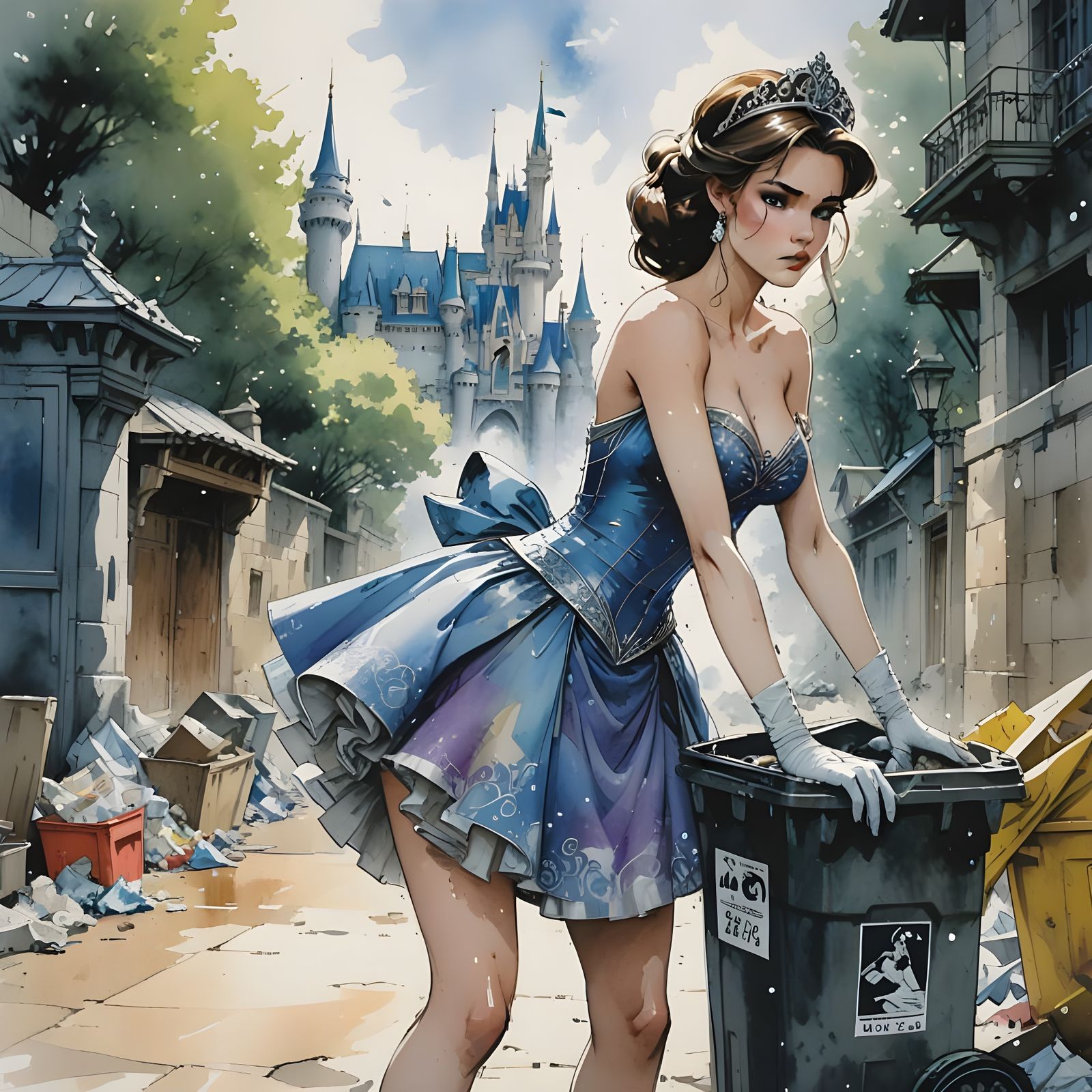 Grumpy Disney Princess Picking Up Trash in a Watercolor Styl...