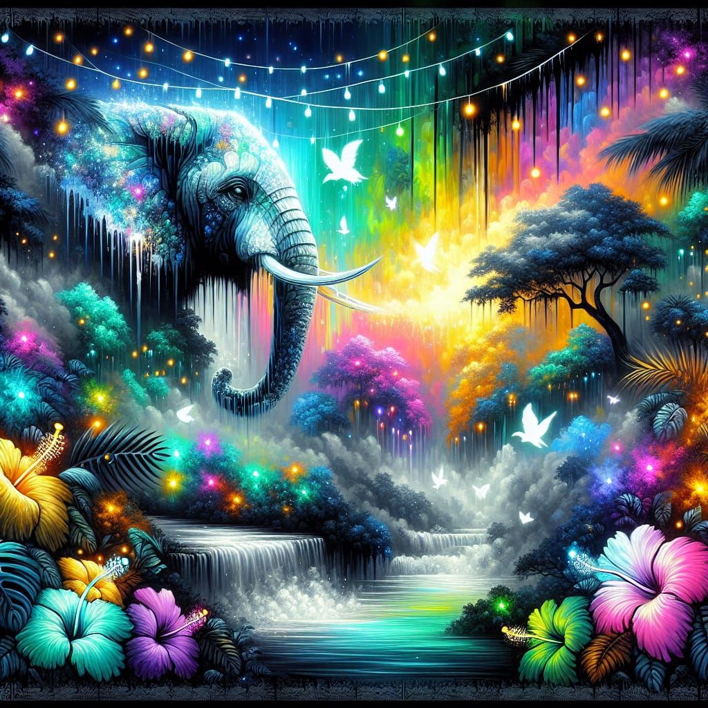 Iridescent Jungle Waterfall with Holographic Elephant