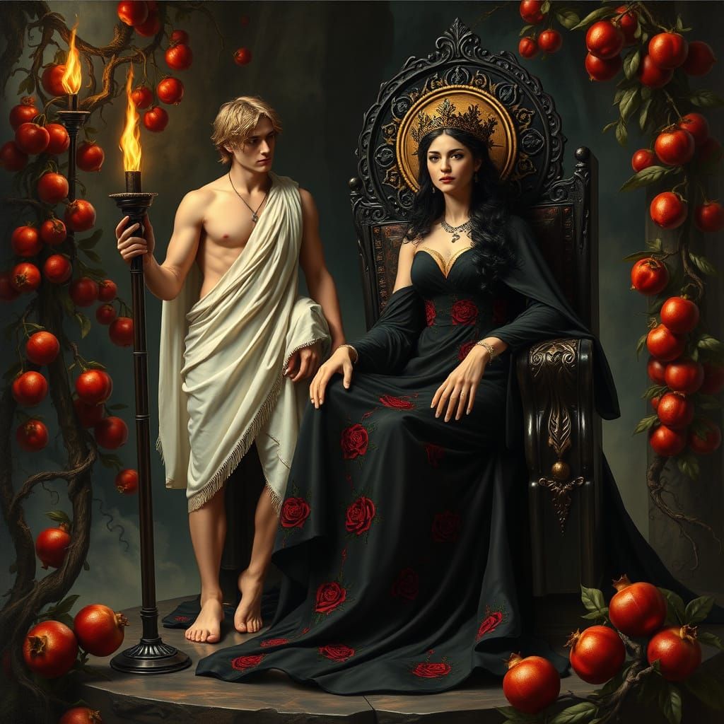 Ethereal Hades Goddess Surrounded by Pomegranates and Torche...