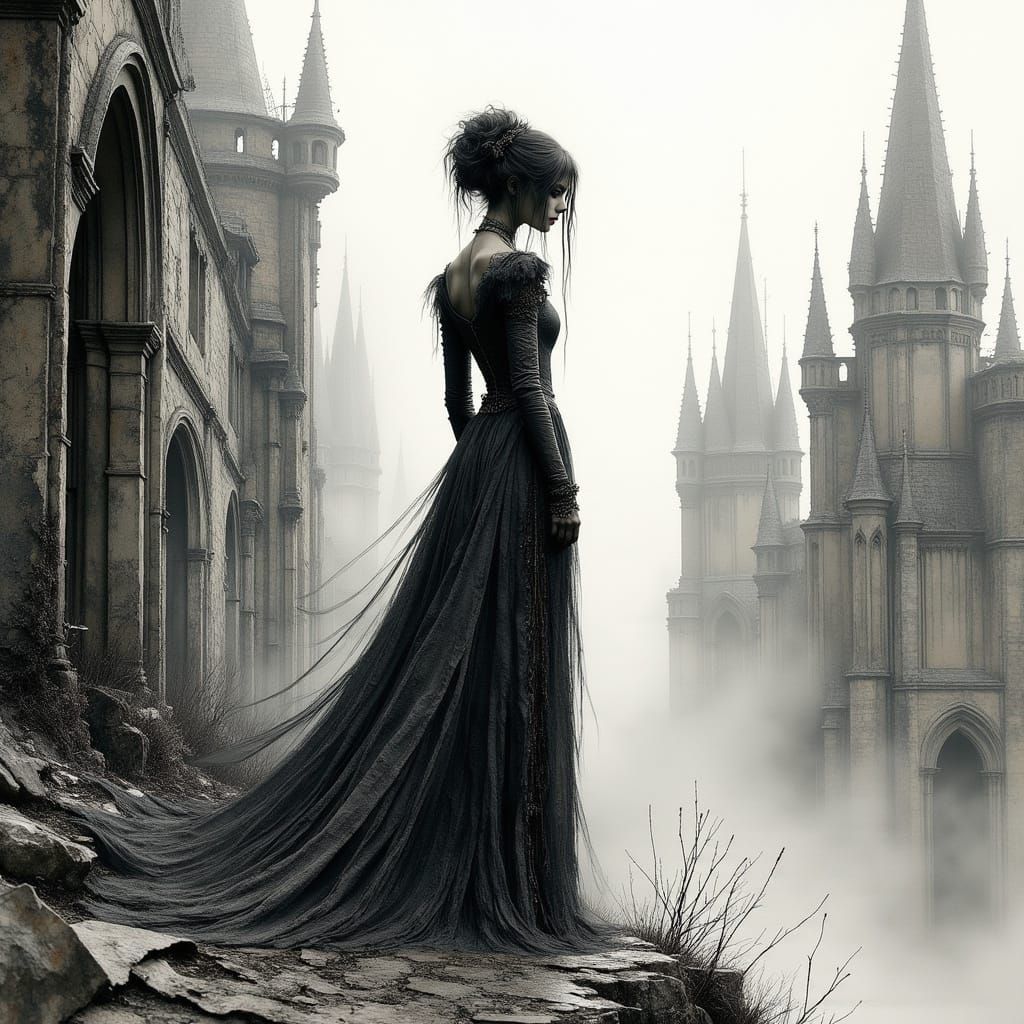 Eerie Gothic Woman in Ruined Castle, Ink Crosshatching