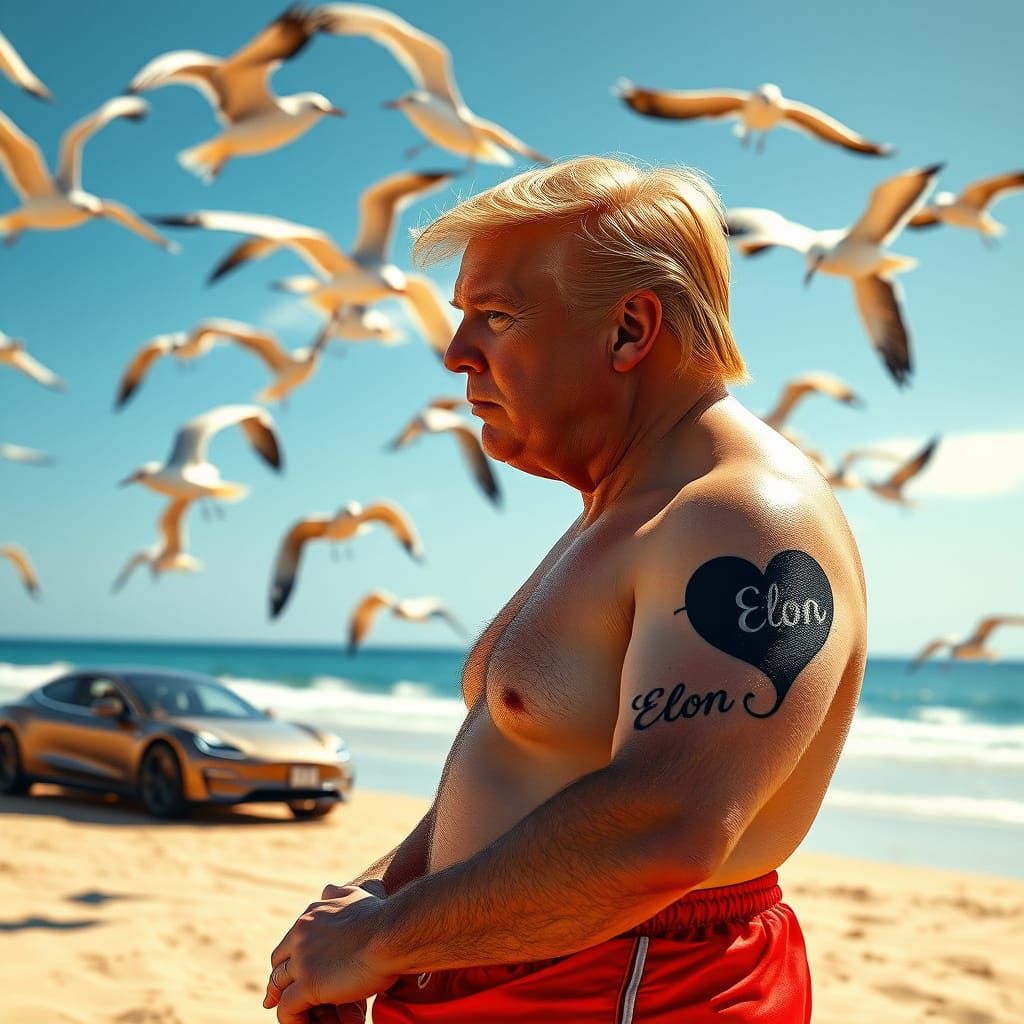 Confident Donald Trump on a Beach with a Bold Tattoo and Sea...