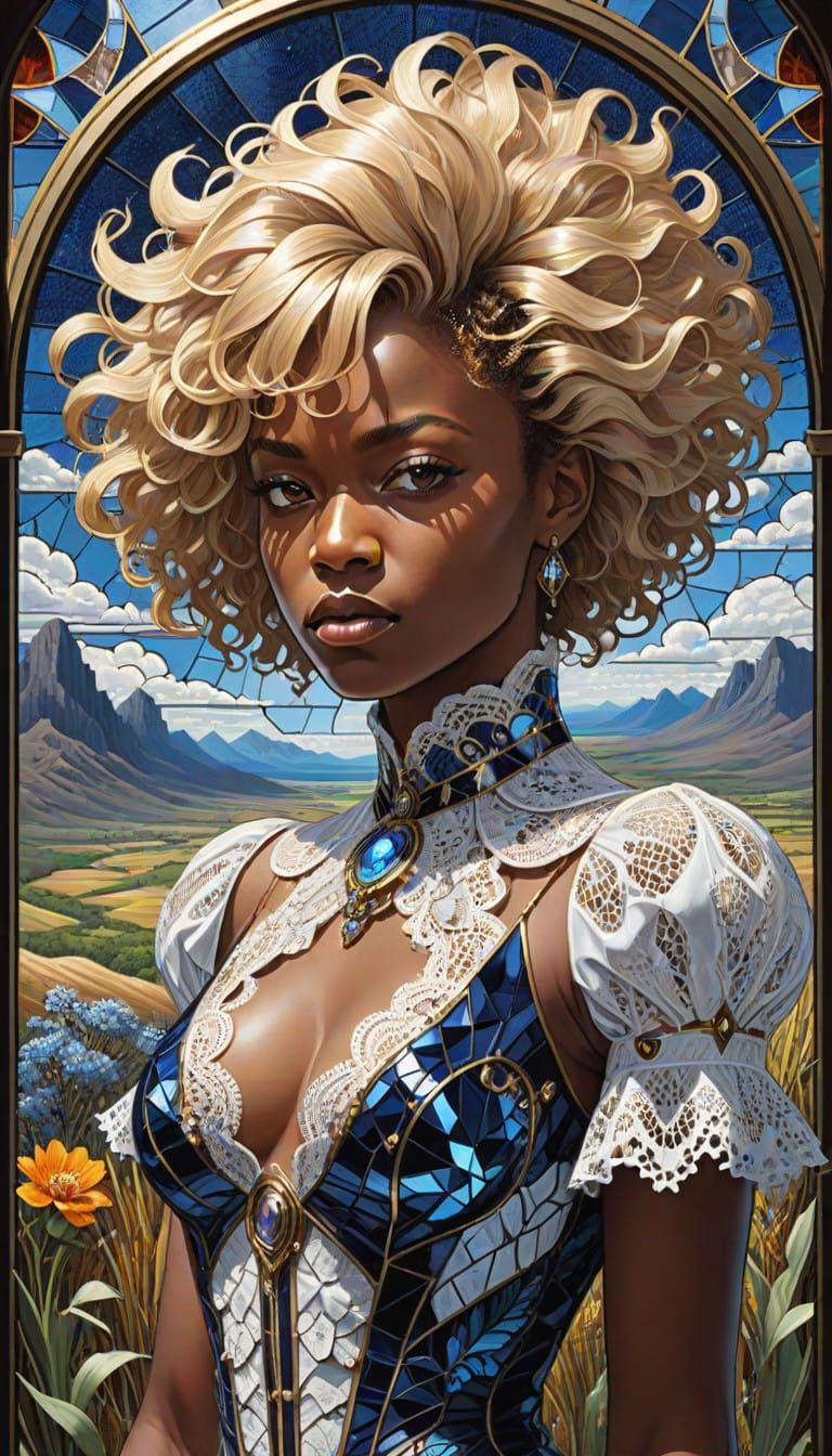 Cyborg Afro-Victorian Lady in Stained Glass Lace Minidress